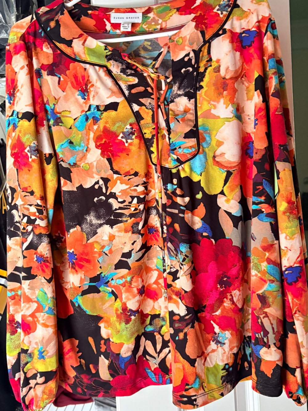 Susan Graver Multicolor Floral Tie-Neck Blouse — Black, Red, Orange - Picture 2 of 4